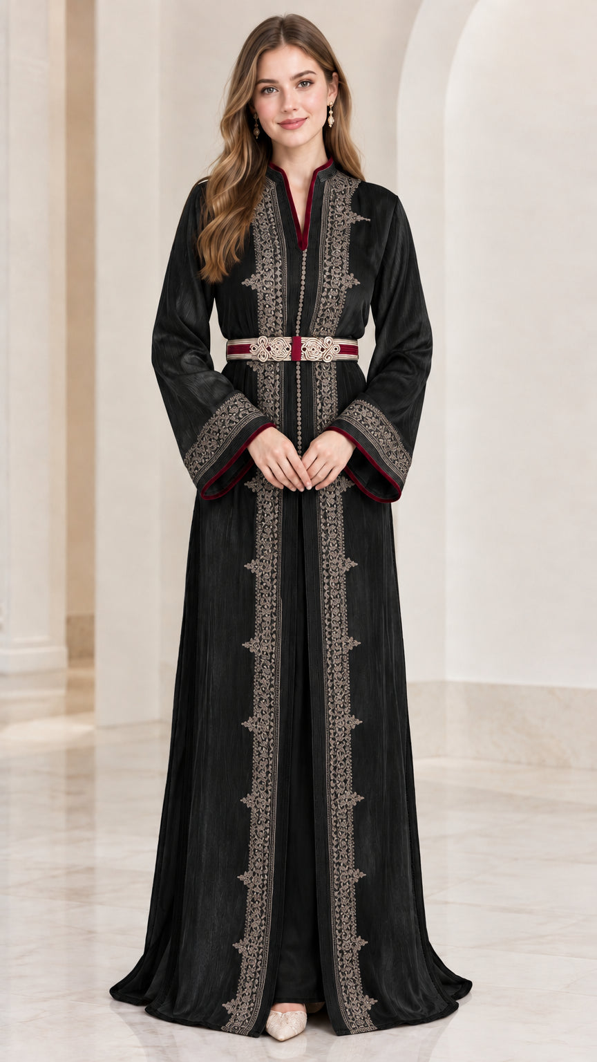 Front view of black embroidered Moroccan kaftan maxi dress with belt