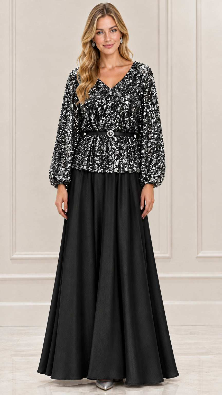 Full-length black sequin long sleeve evening gown with belted waist
