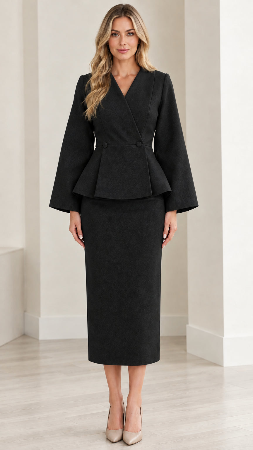 Model wearing black peplum jacket and midi pencil skirt two-piece set