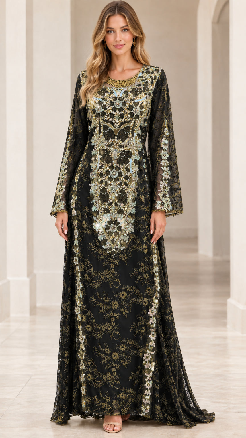 Front view of Black embroidered sequin lace evening maxi dress