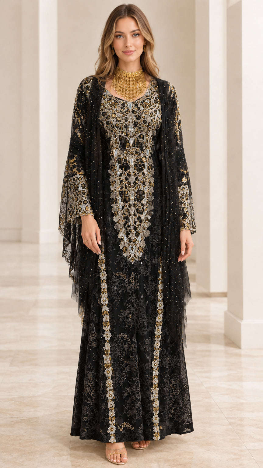 Black embroidered lace kaftan maxi dress with matching draped scarf