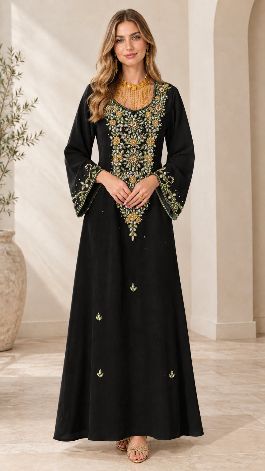 Front full view of woman wearing Black beaded kaftan maxi dress