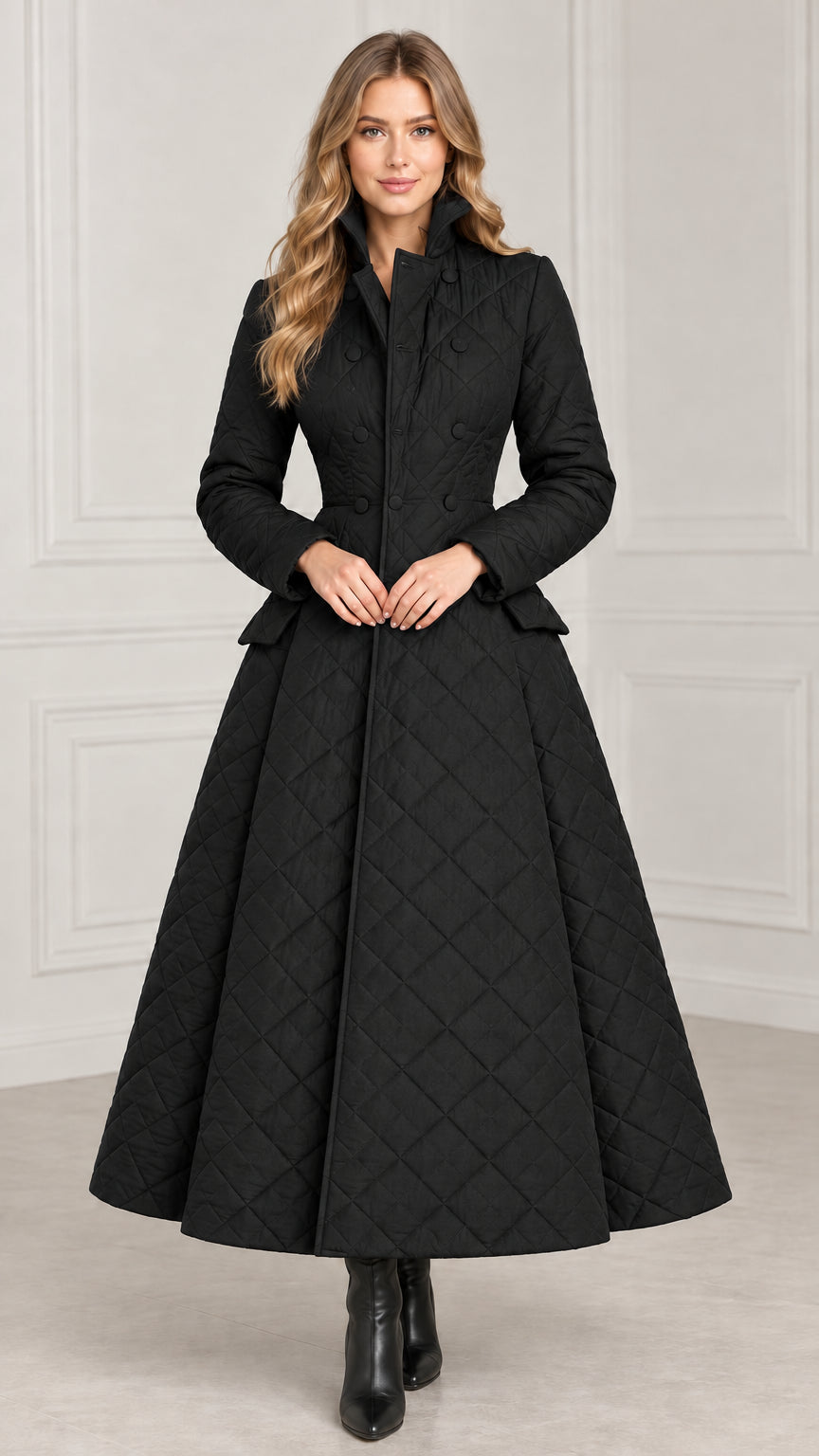 Model wearing black diamond quilted maxi A-line winter coat