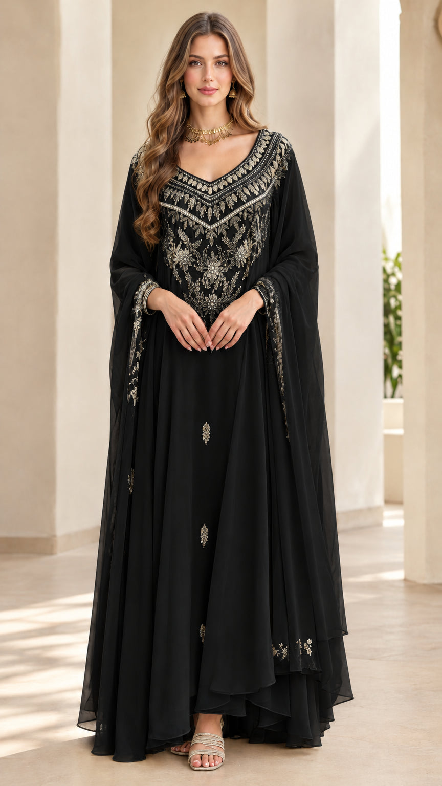 Front full view of black embroidered chiffon maxi evening gown