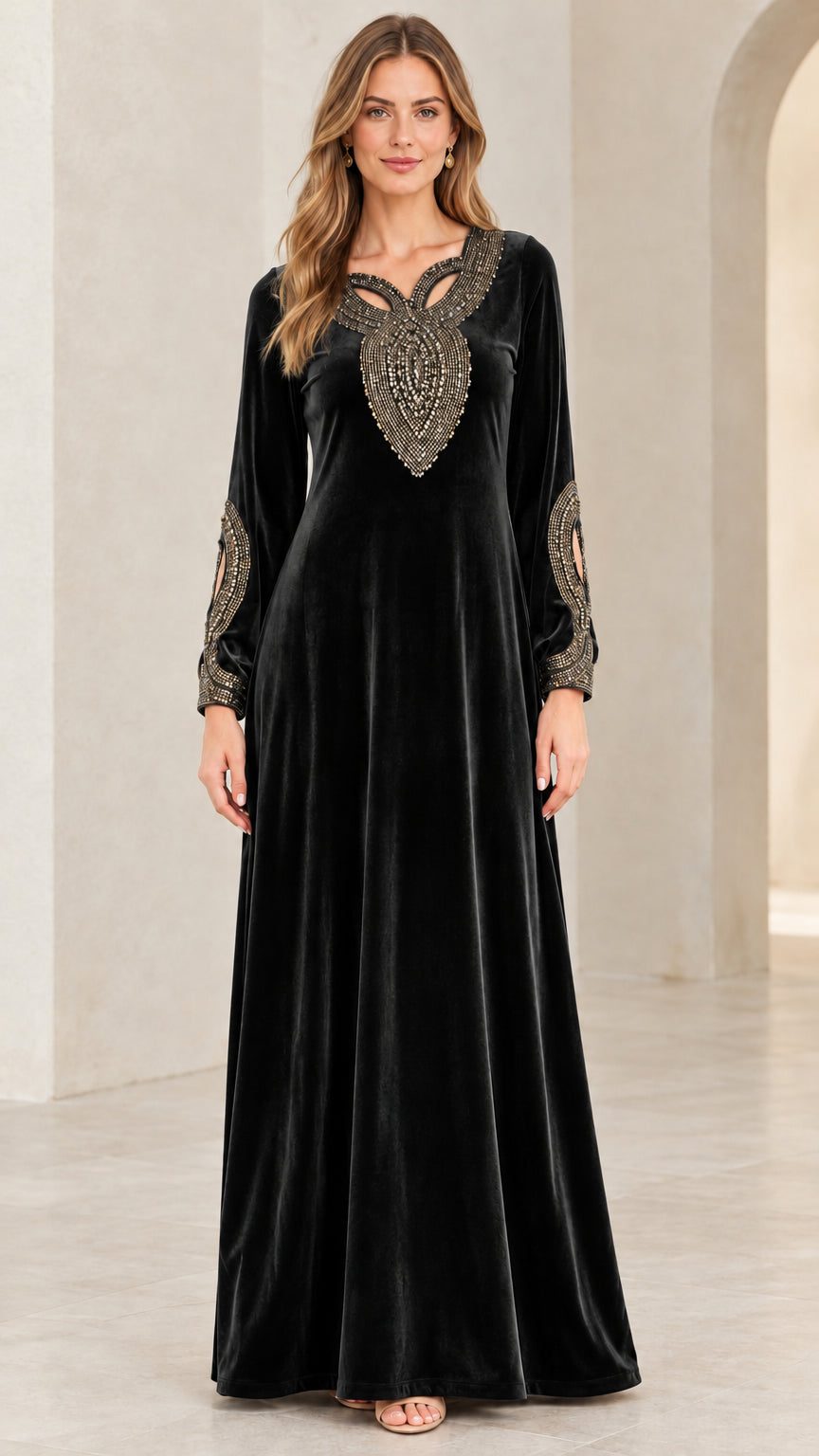 Model wearing Black embellished velvet maxi evening gown