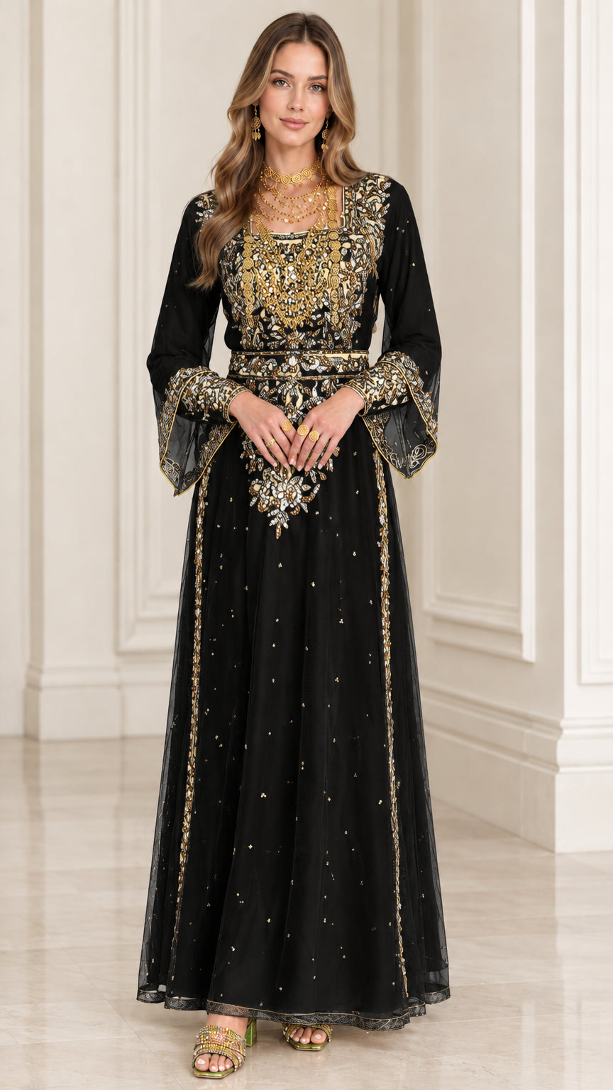 Black embroidered long kaftan maxi dress with gold floral embroidery