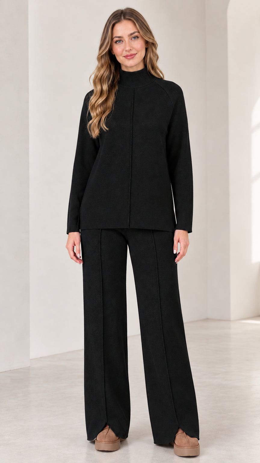 Front view of model wearing Black mock neck two-piece knit lounge set