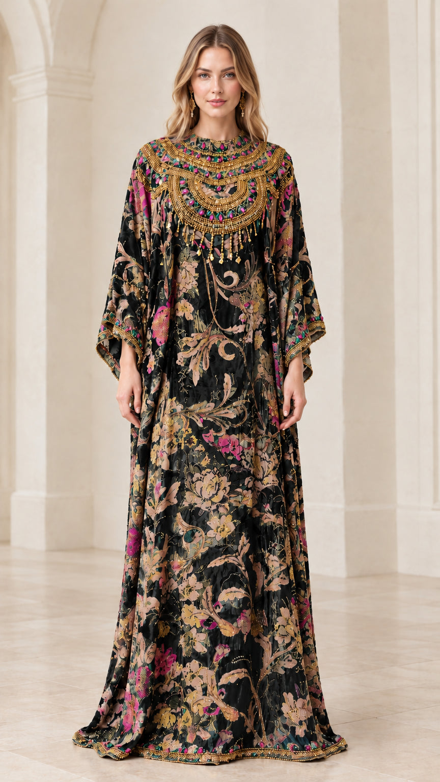 Front full-length view of model wearing the Black floral beaded kaftan maxi dress