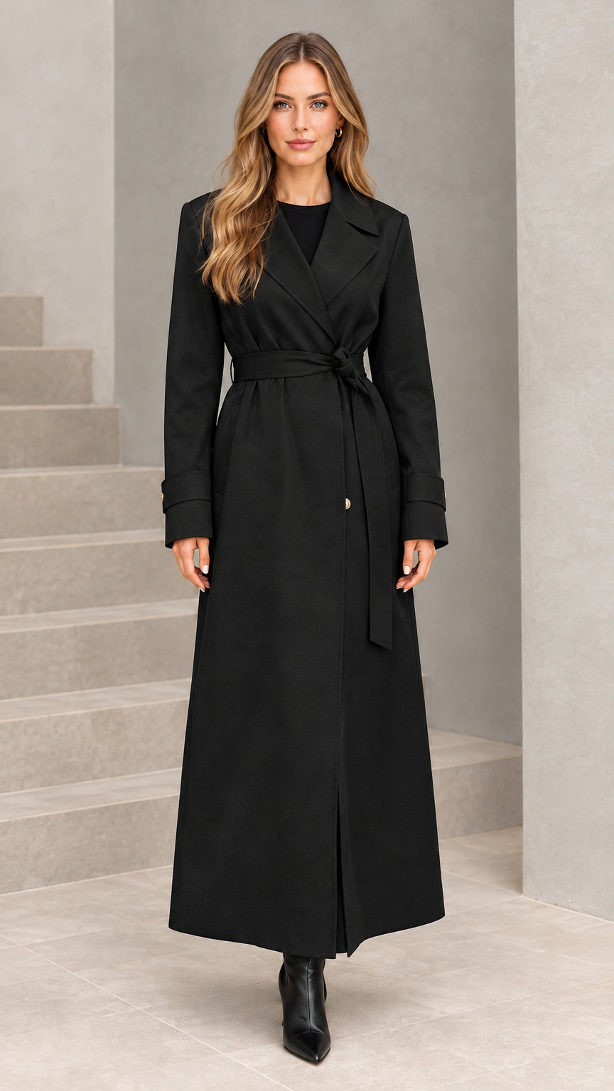 Front view of woman wearing black maxi belted trench coat