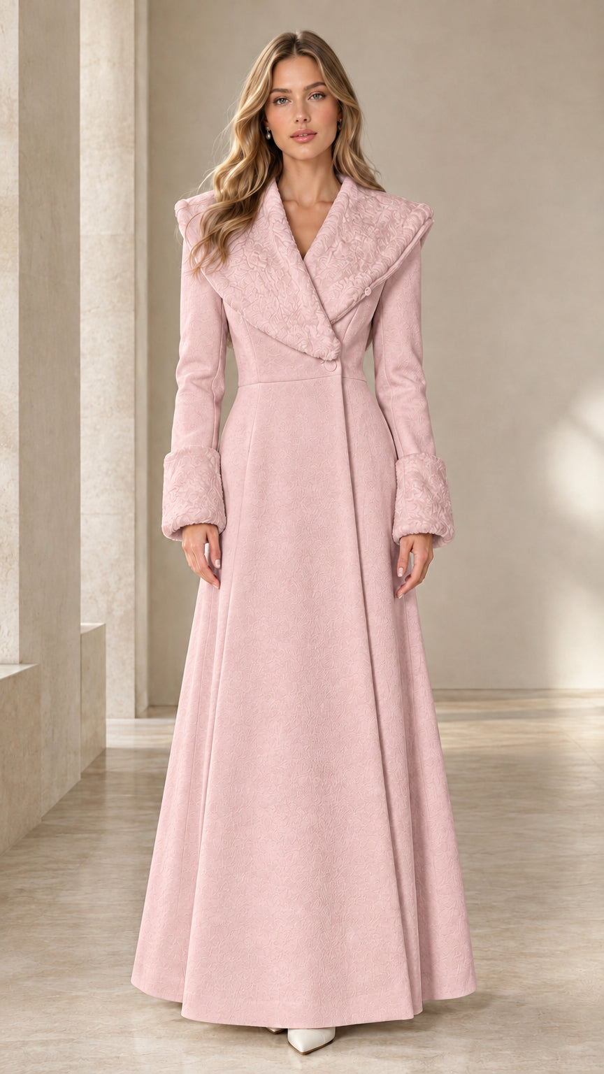 Dusty pink floor-length elegant evening coat with textured trim