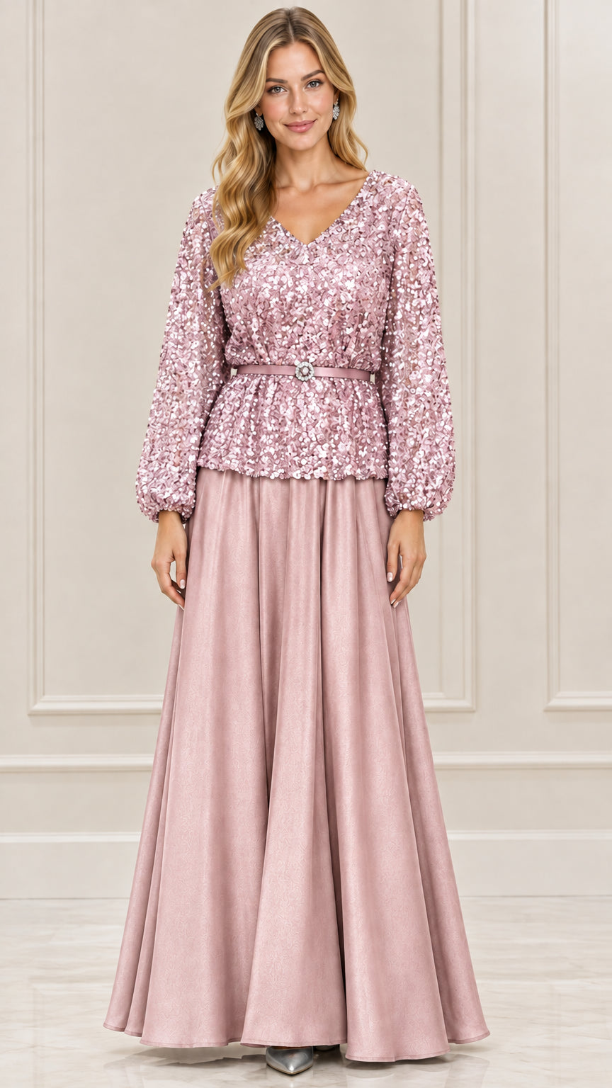 Full-length dusty pink sequin long sleeve evening gown with belted waist