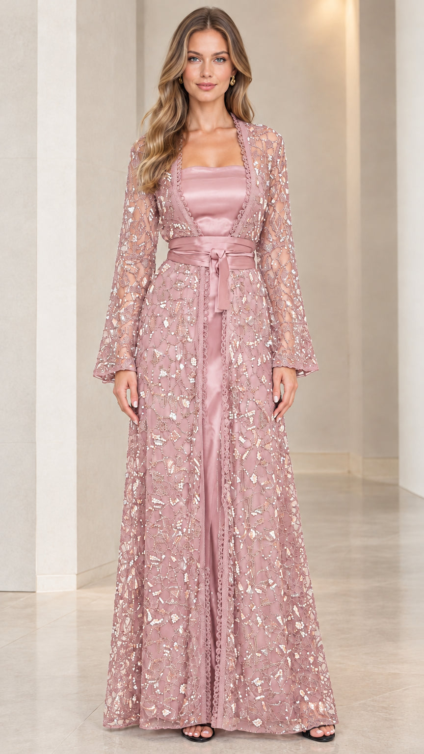Model wearing dusty rose pink sequin lace long duster jacket and matching satin slip dress