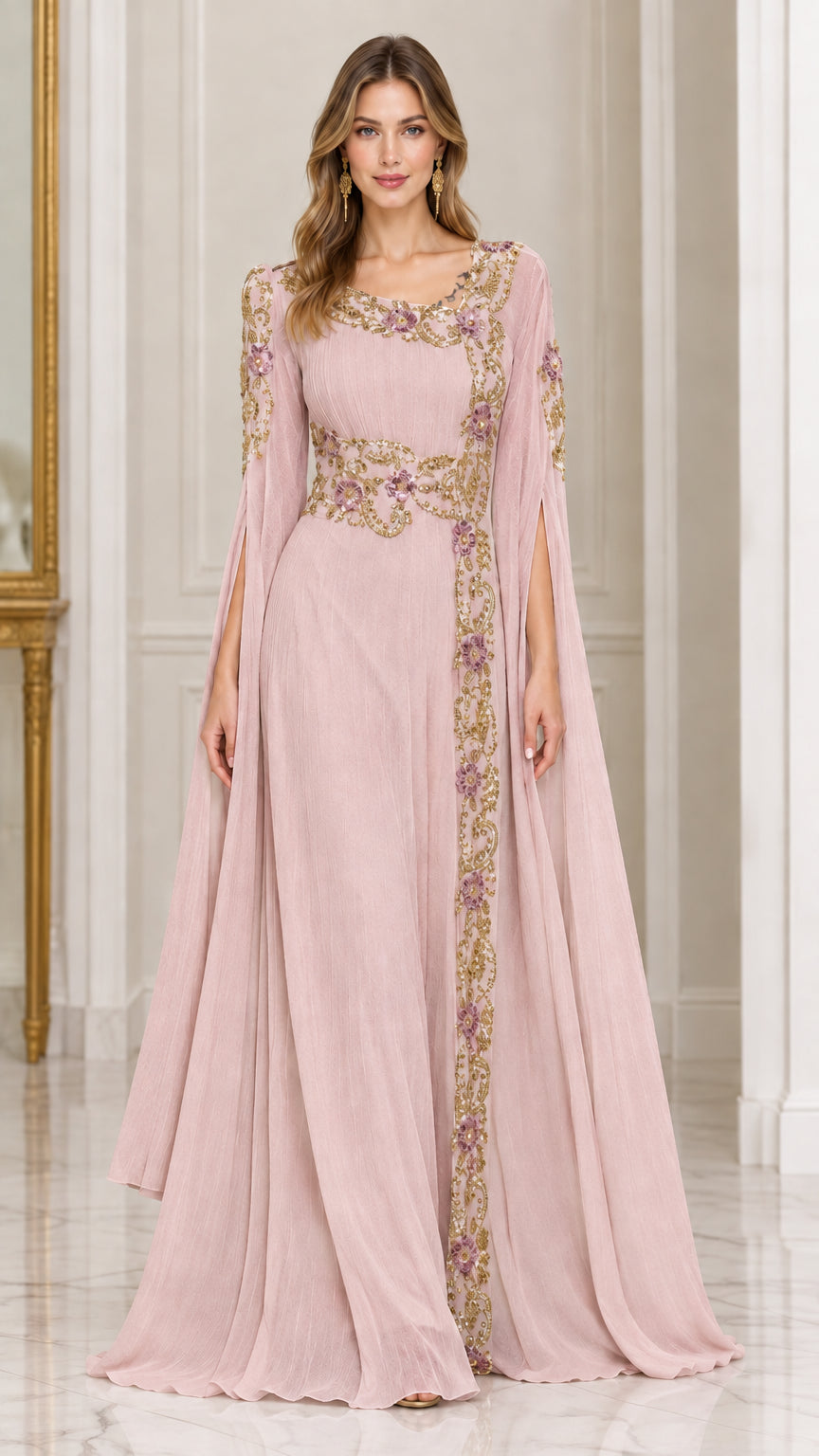 Front view of blush pink embroidered cape sleeve evening gown