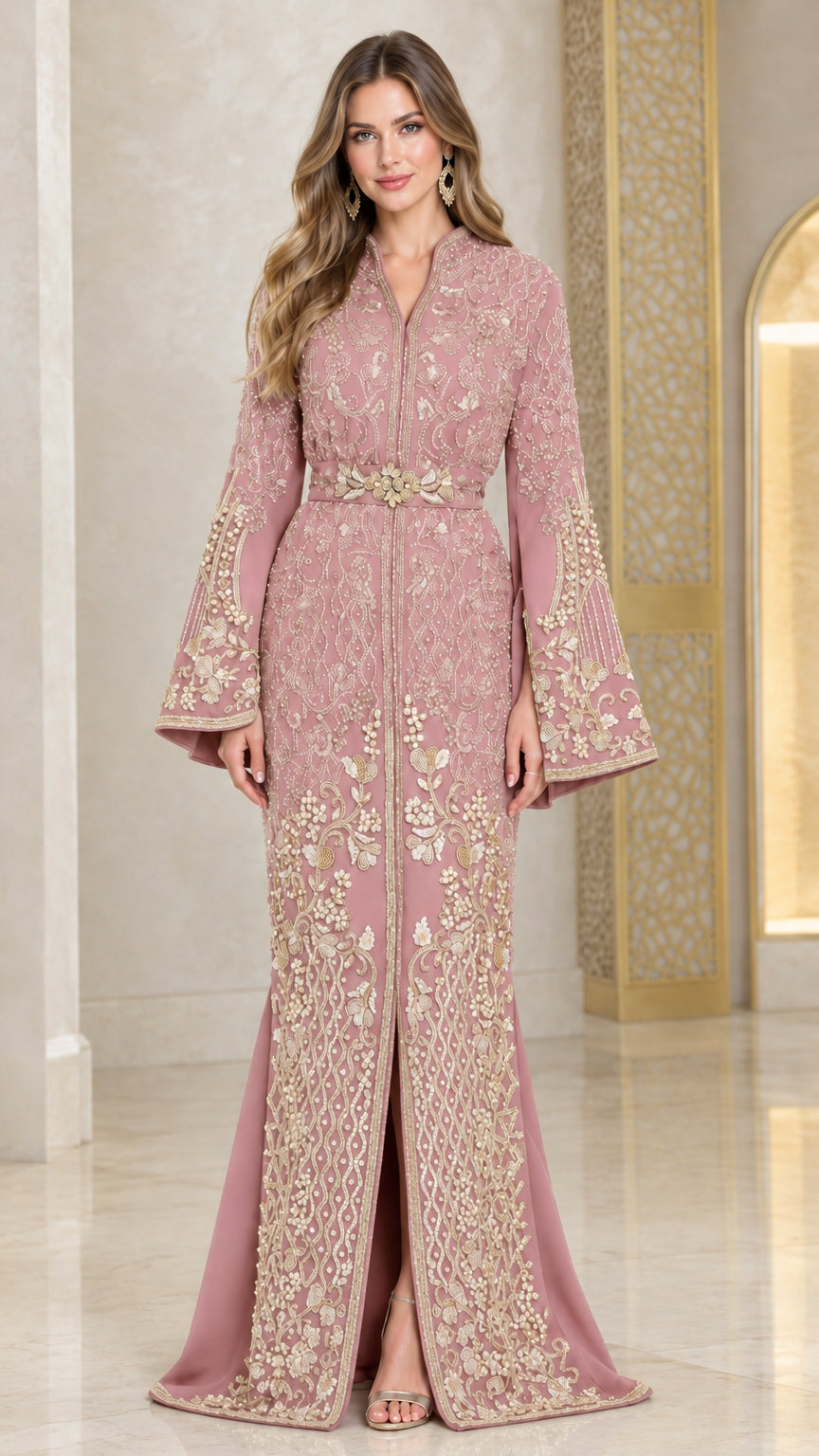 Dusty Rose embroidered formal caftan gown with bell sleeves