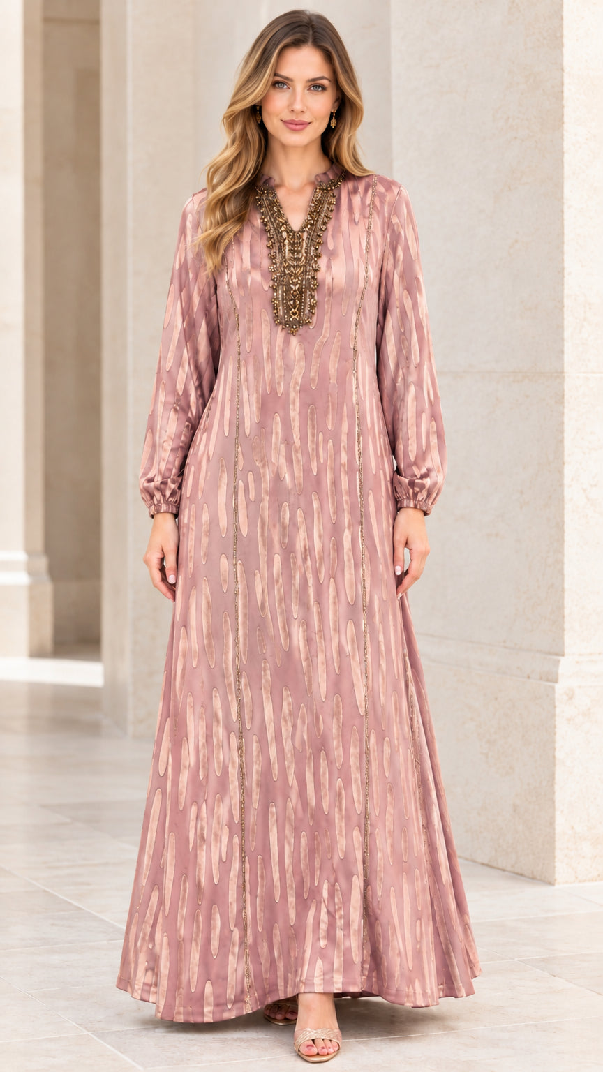 Front view of woman wearing Dusty Rose metallic brushstroke maxi dress