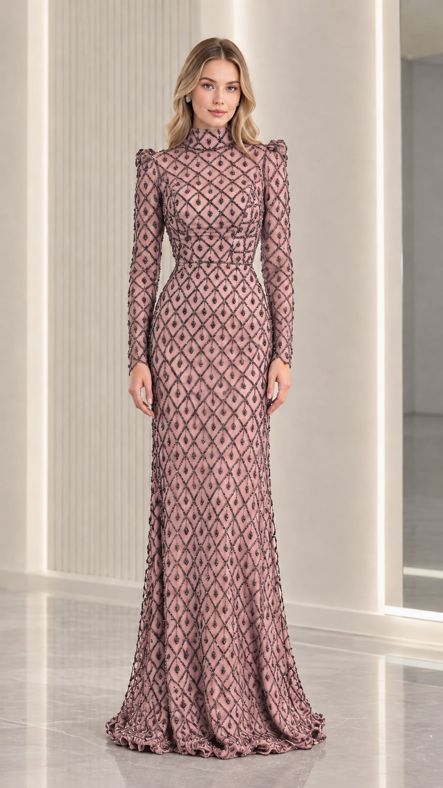 Dusty rose beaded mock neck long sleeve evening gown front view
