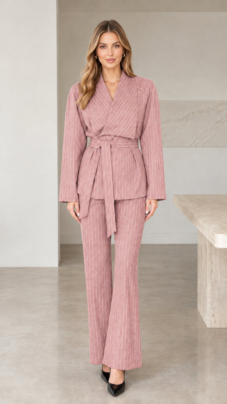 Front view of woman wearing dusty rose pink pinstripe 2-piece pant suit set