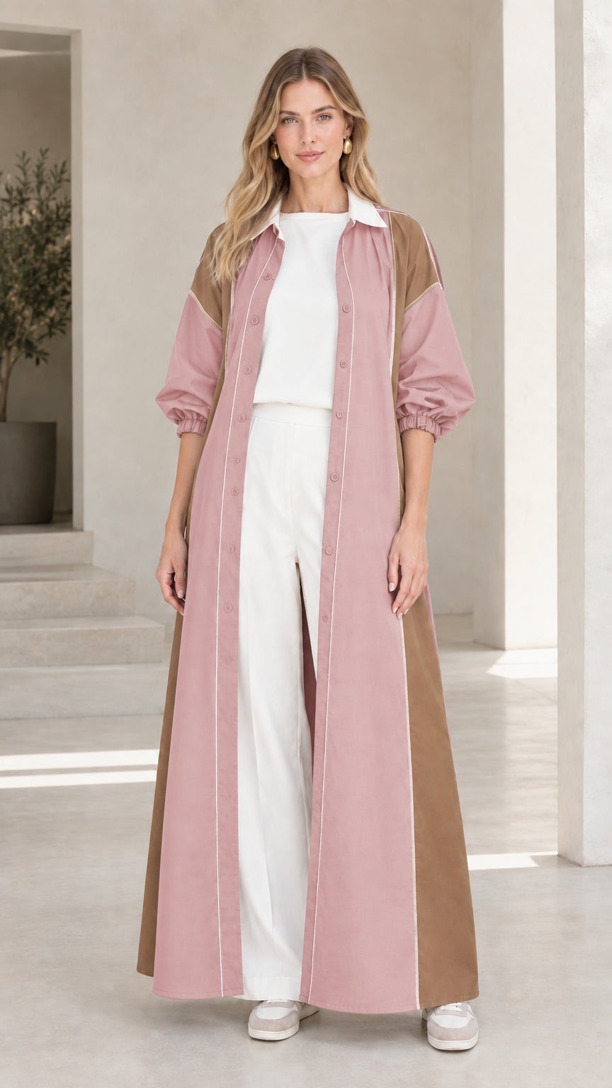 Dusty Pink and camel colorblock long duster shirt dress on model