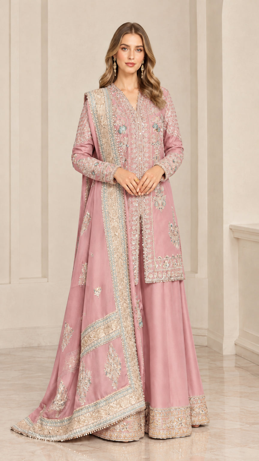 Full-length studio portrait of woman wearing Dusty Pink embroidered sharara suit set