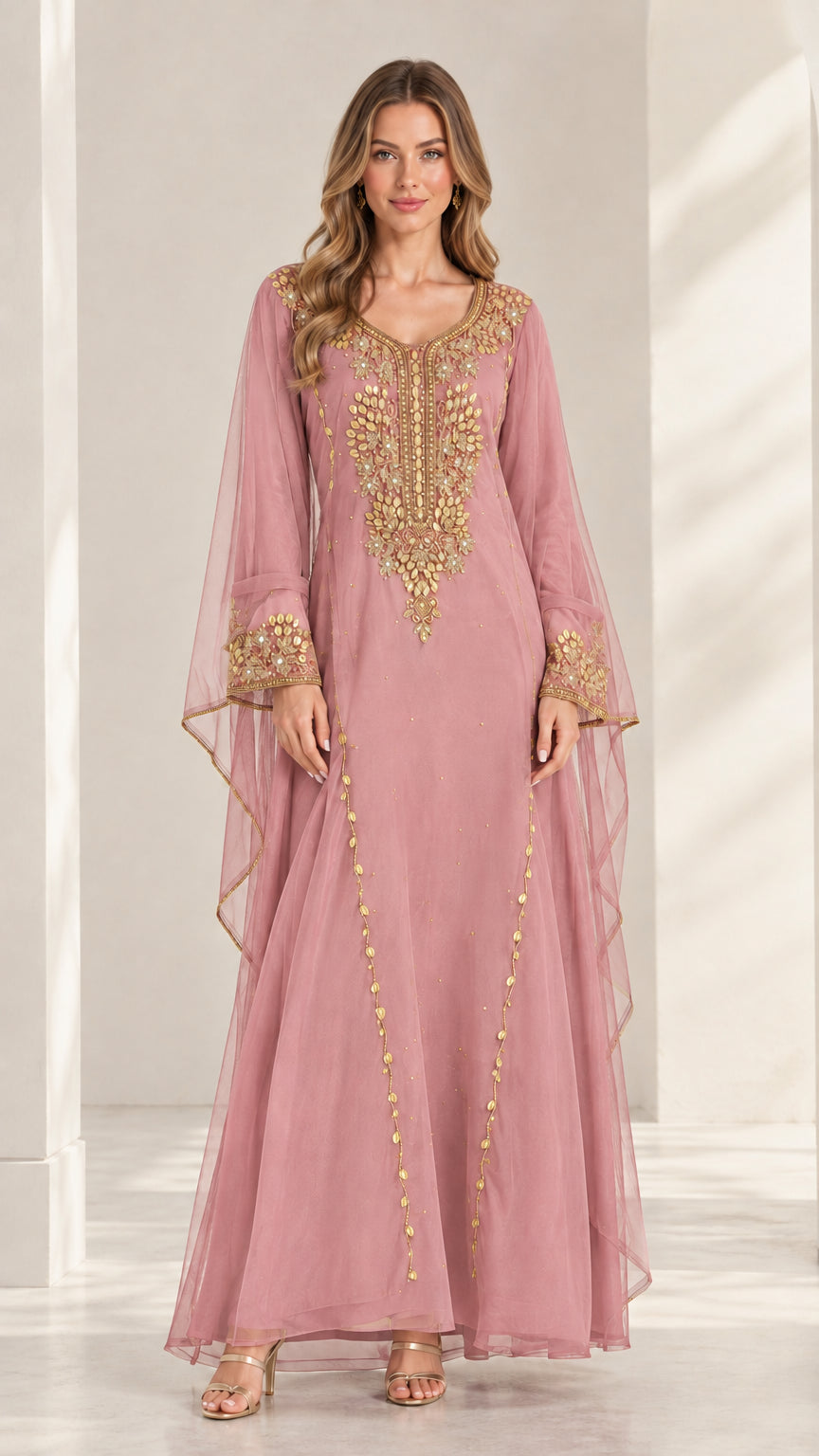 Dusty pink embroidered cape sleeve chiffon maxi kaftan dress