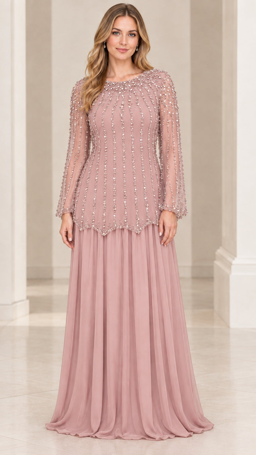 Front view of woman wearing Dusty Rose beaded long sleeve evening gown