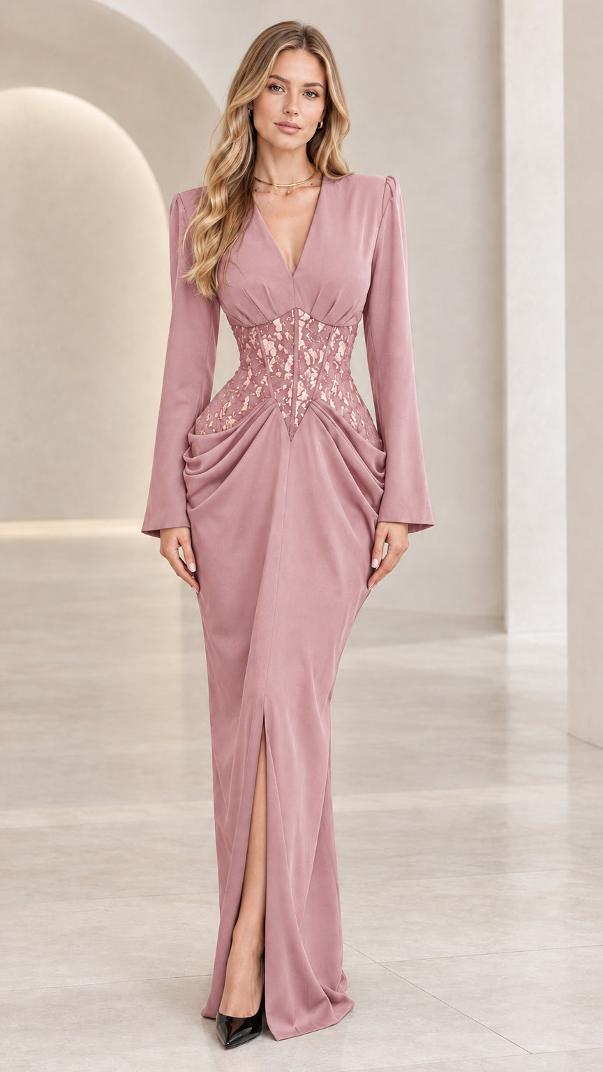 Dusty pink long sleeve evening maxi dress with lace corset waist