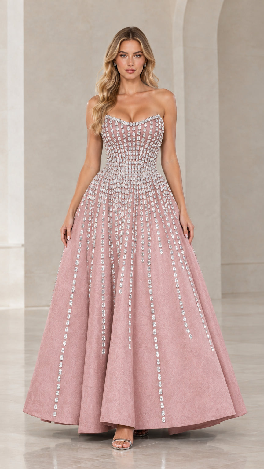 Full-length front view of blush pink strapless rhinestone evening gown