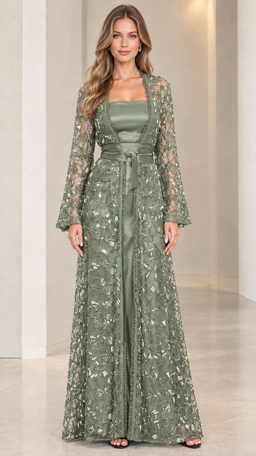 Model wearing sage green floral sequin lace coat over matching satin formal maxi dress