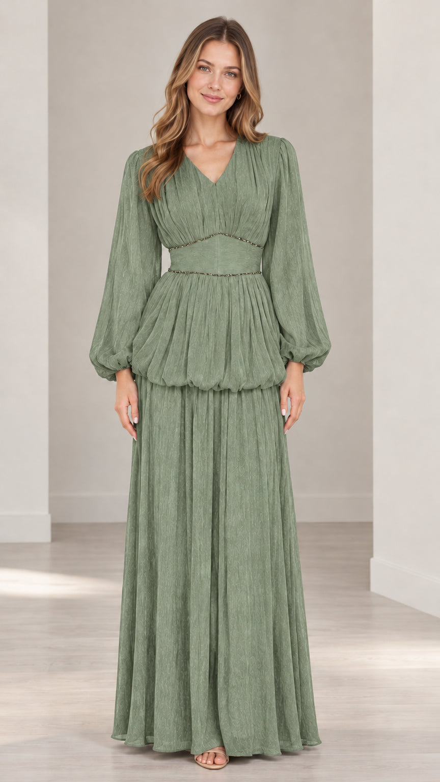 Front full view of sage green pleated long sleeve maxi dress