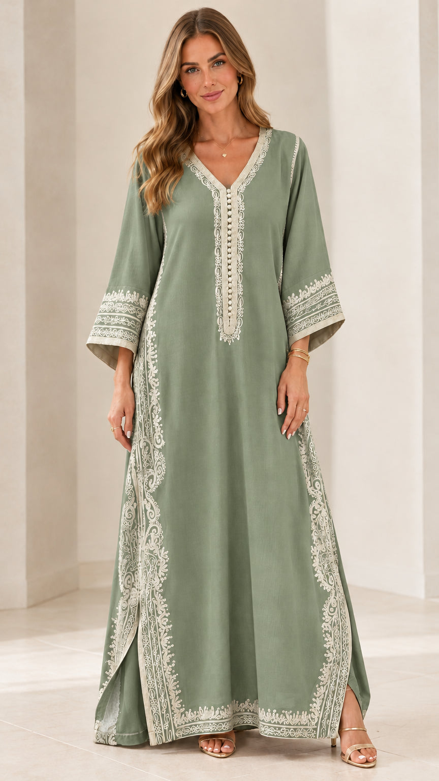 Full-length front view of sage green embroidered kaftan maxi dress