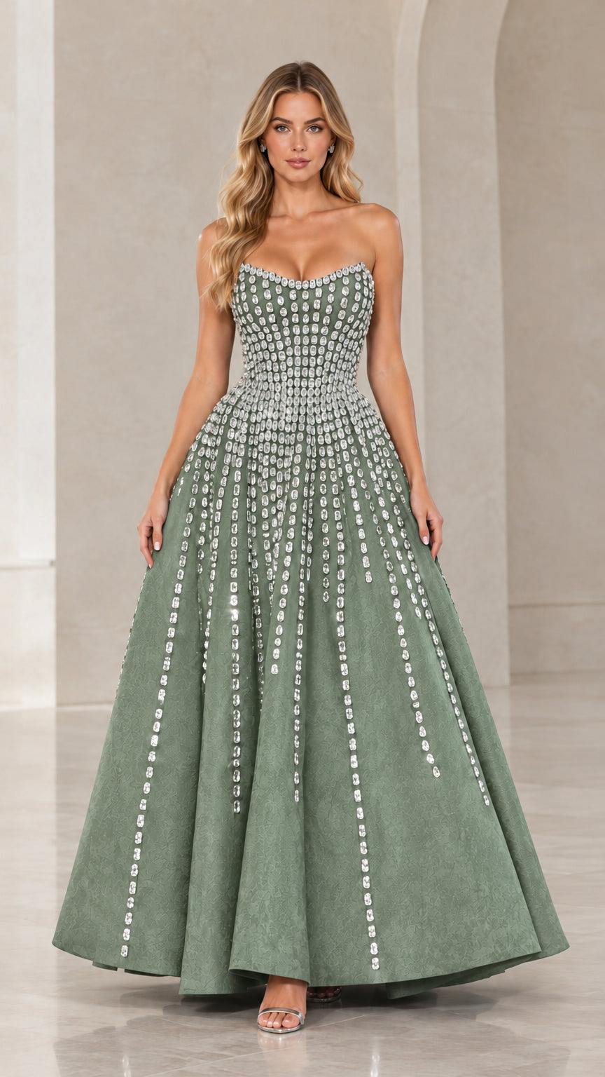 Full-length front view of sage green strapless rhinestone embellished formal dress