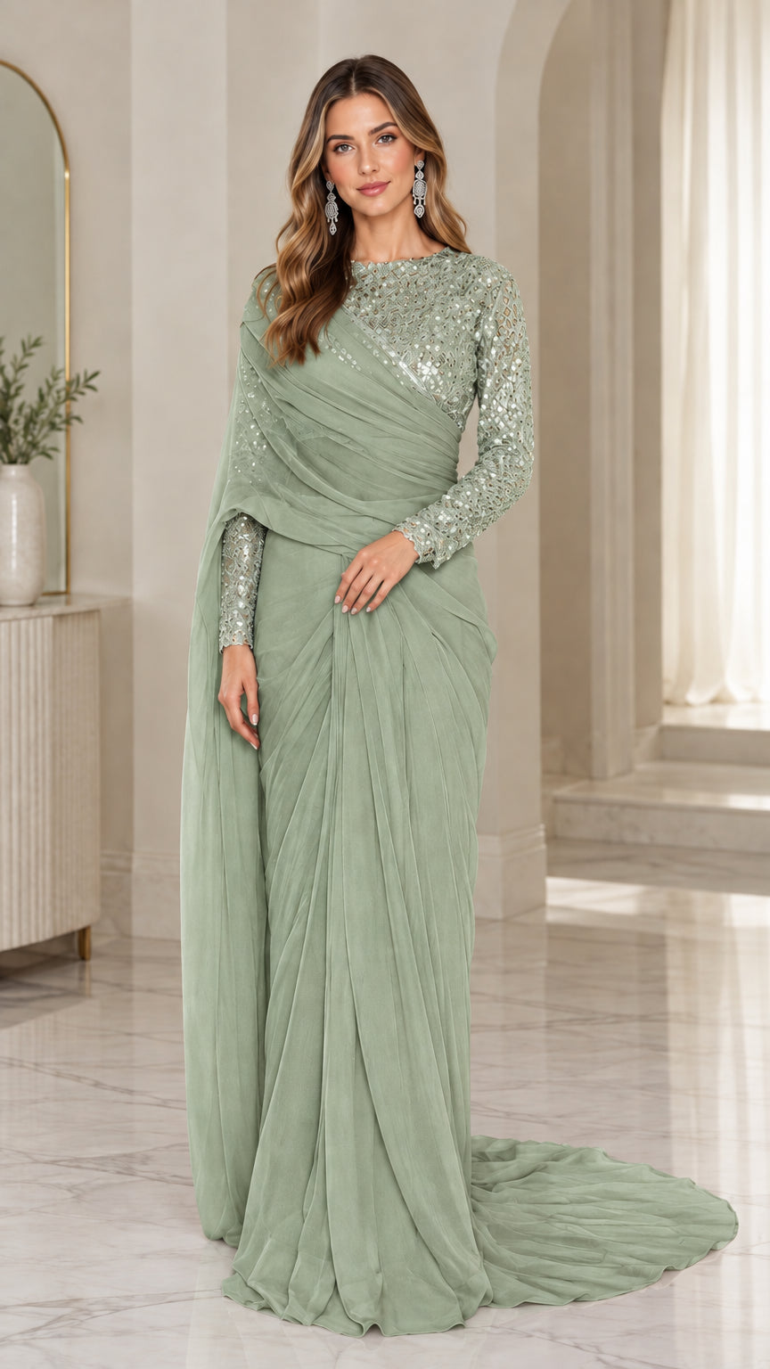 Sage green sequin long sleeve pre-draped evening gown with train