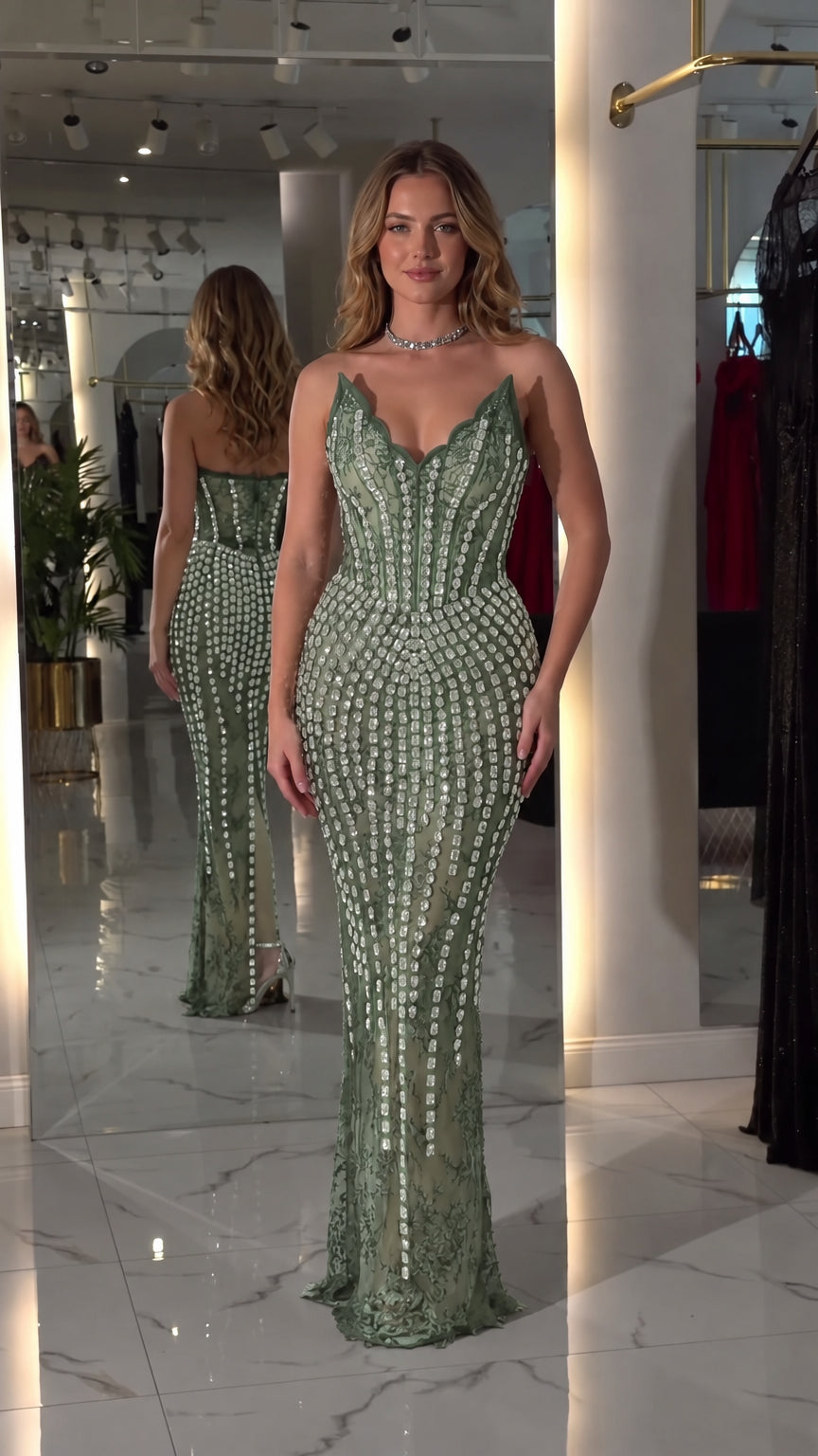 Sage green embellished corset evening gown front view