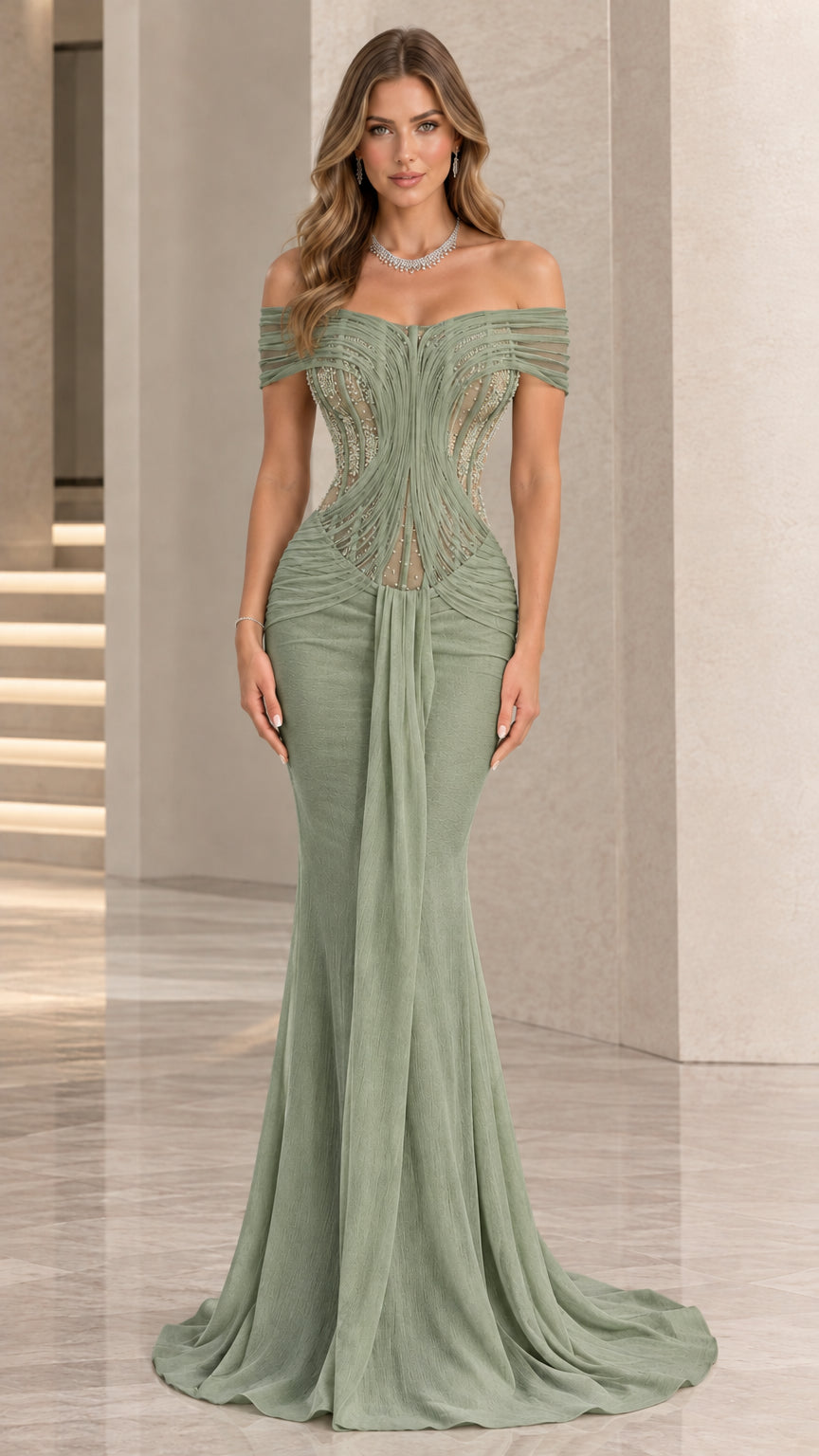 Sage green corset bodice mermaid evening gown