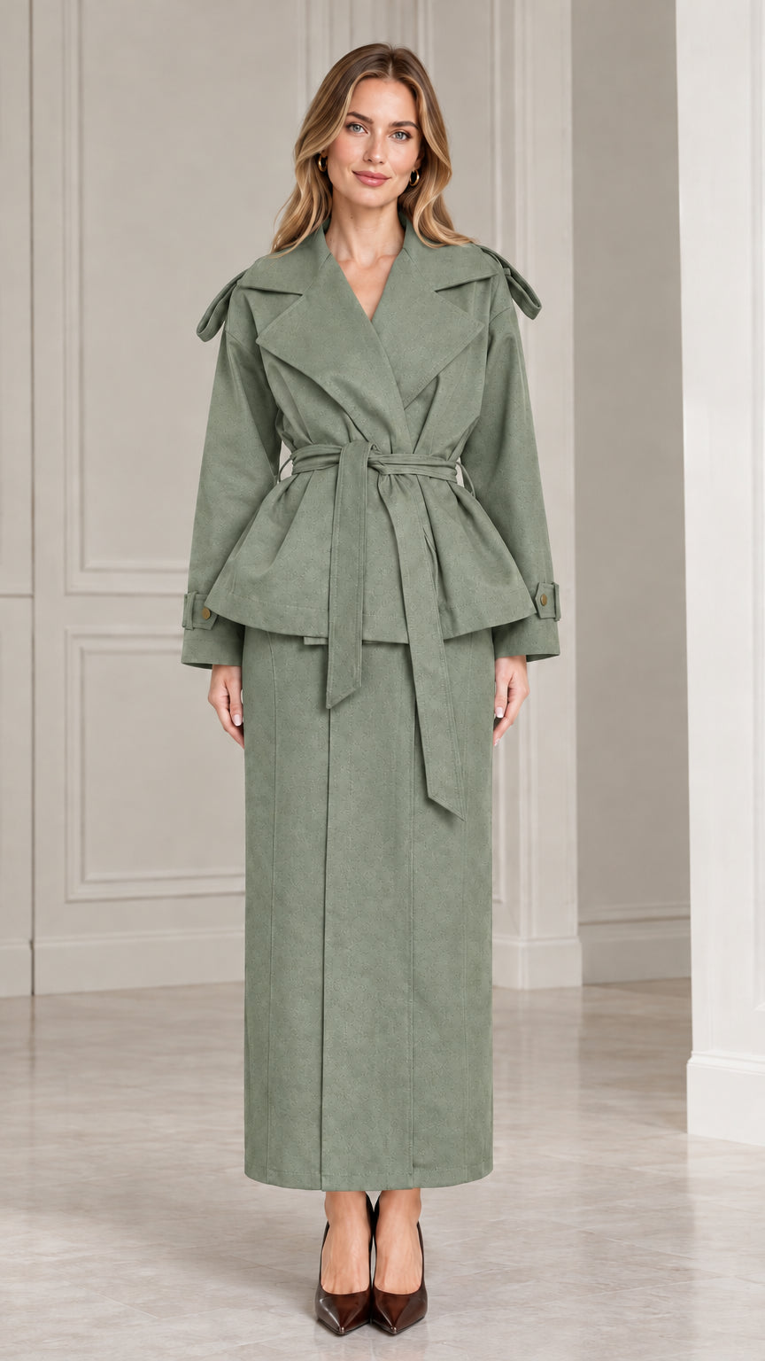 Front view of model wearing sage green belted peplum jacket and maxi skirt set