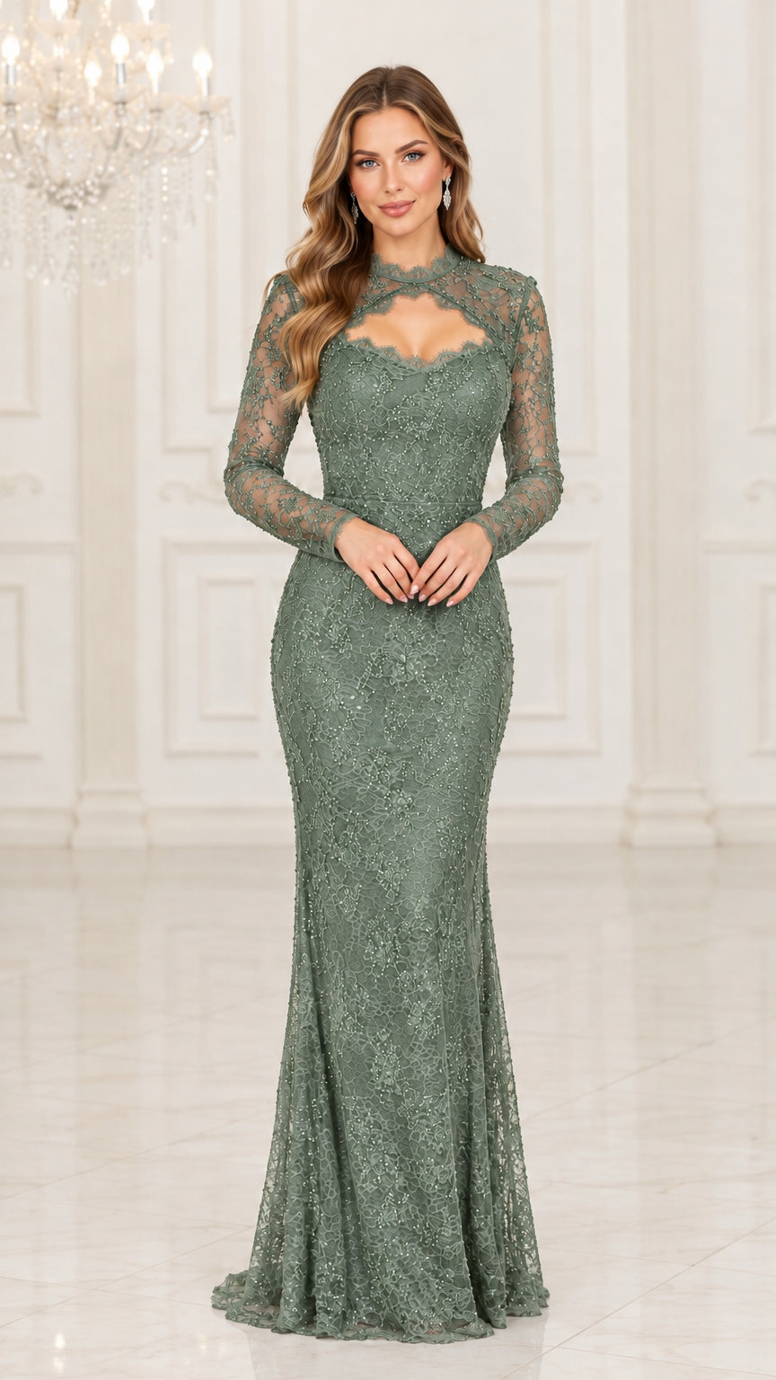 Sage Green long sleeve high neck sequin lace evening gown front view
