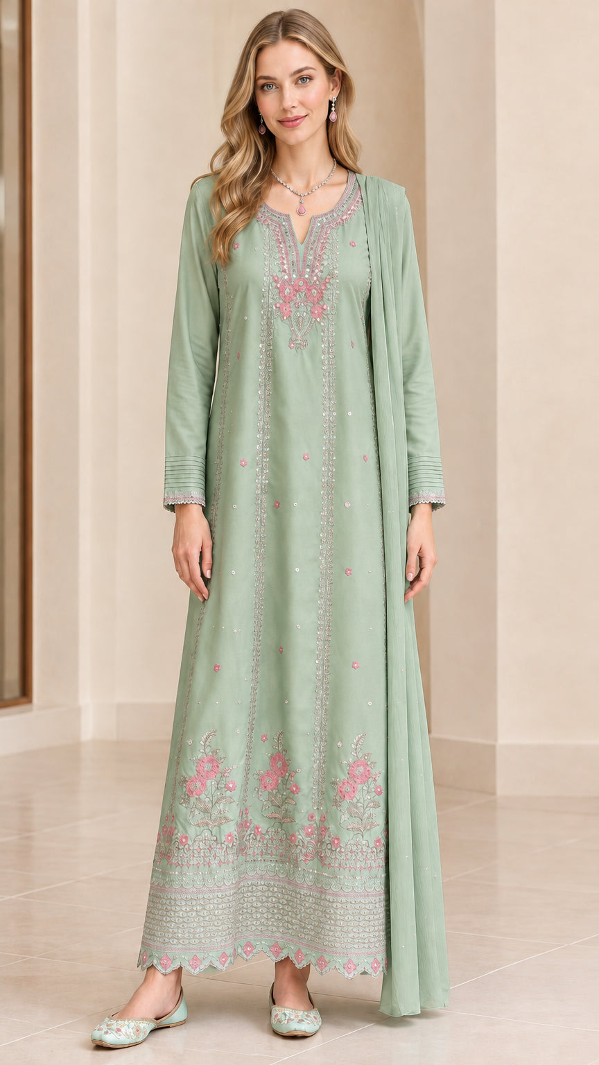 Front view of sage green embroidered maxi dress with matching scarf