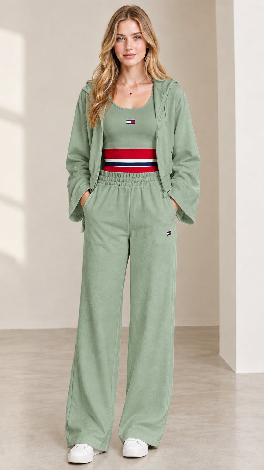 Women's 3-piece lounge set in sage green with cropped hoodie, tank, and wide leg pants