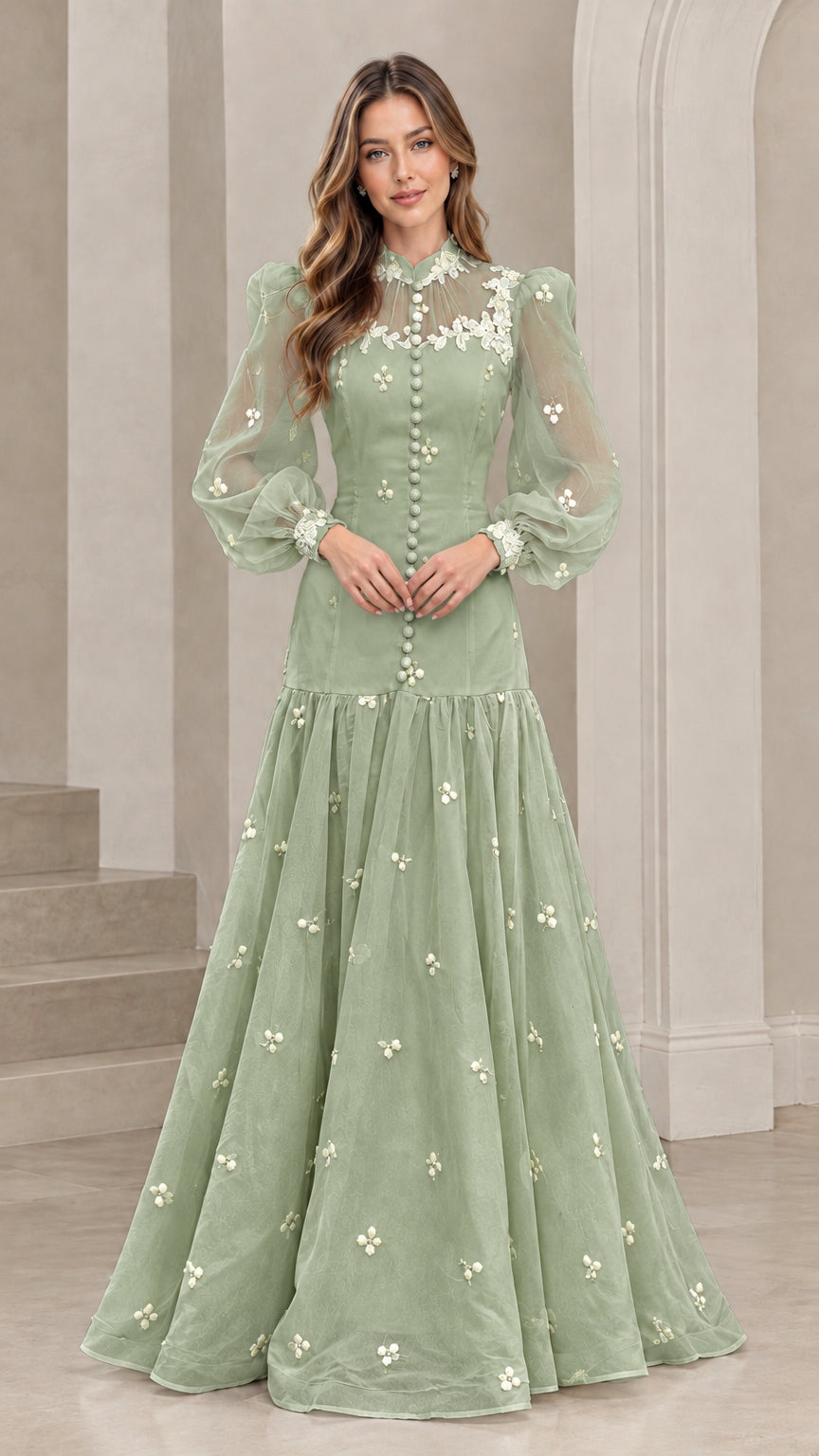 Front view of sage green long sleeve Victorian lace maxi gown with white lace details