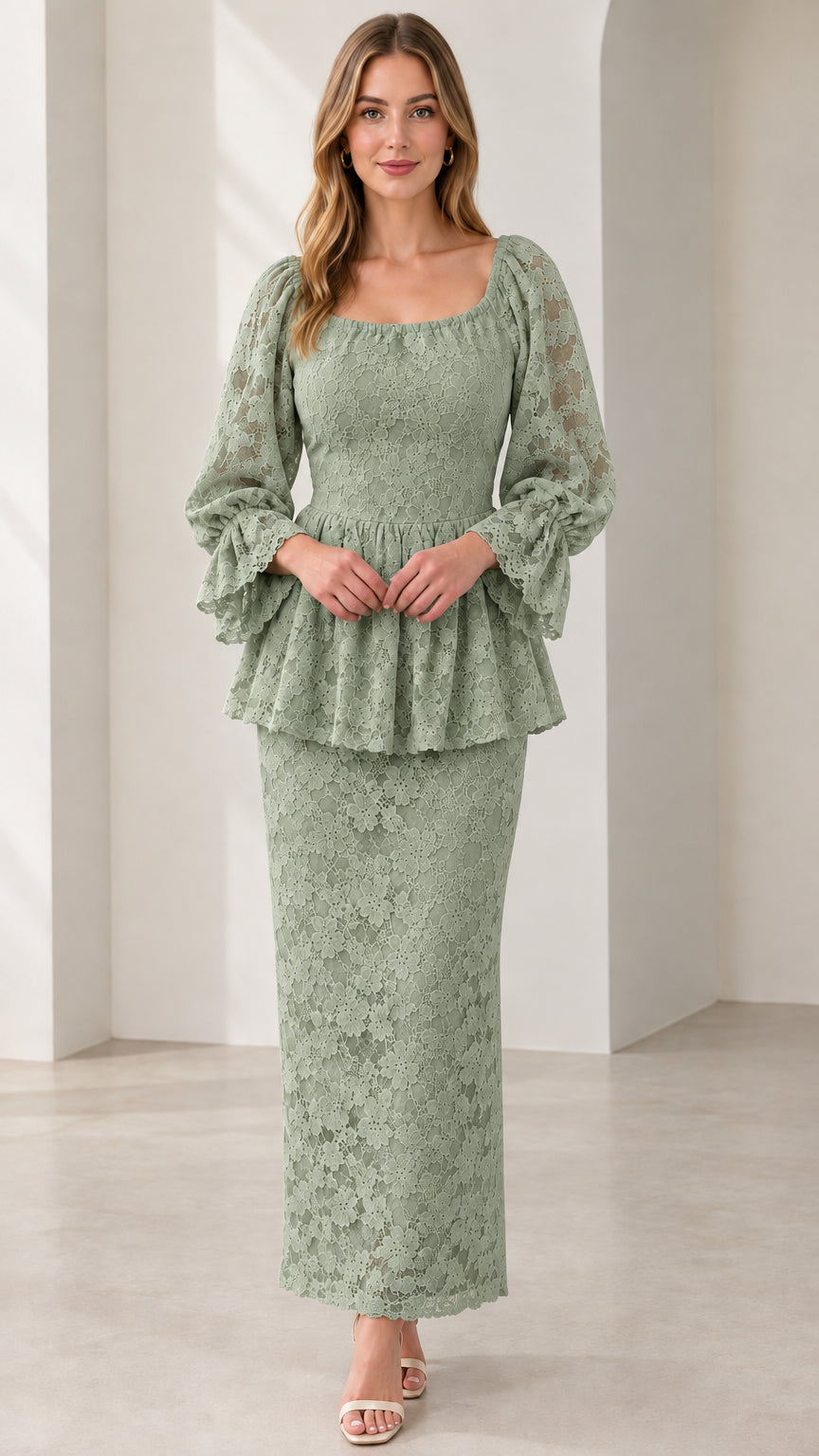 Sage Green Floral Lace Peplum Maxi Dress full-length front view