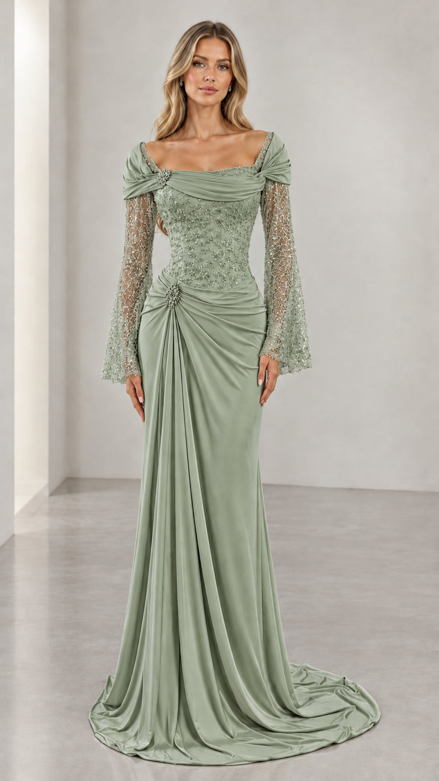 Sage green long sleeve beaded lace formal gown with train