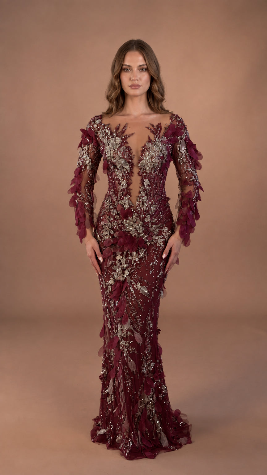 Front view of model in Burgundy wine red 3D petal embellished evening dress