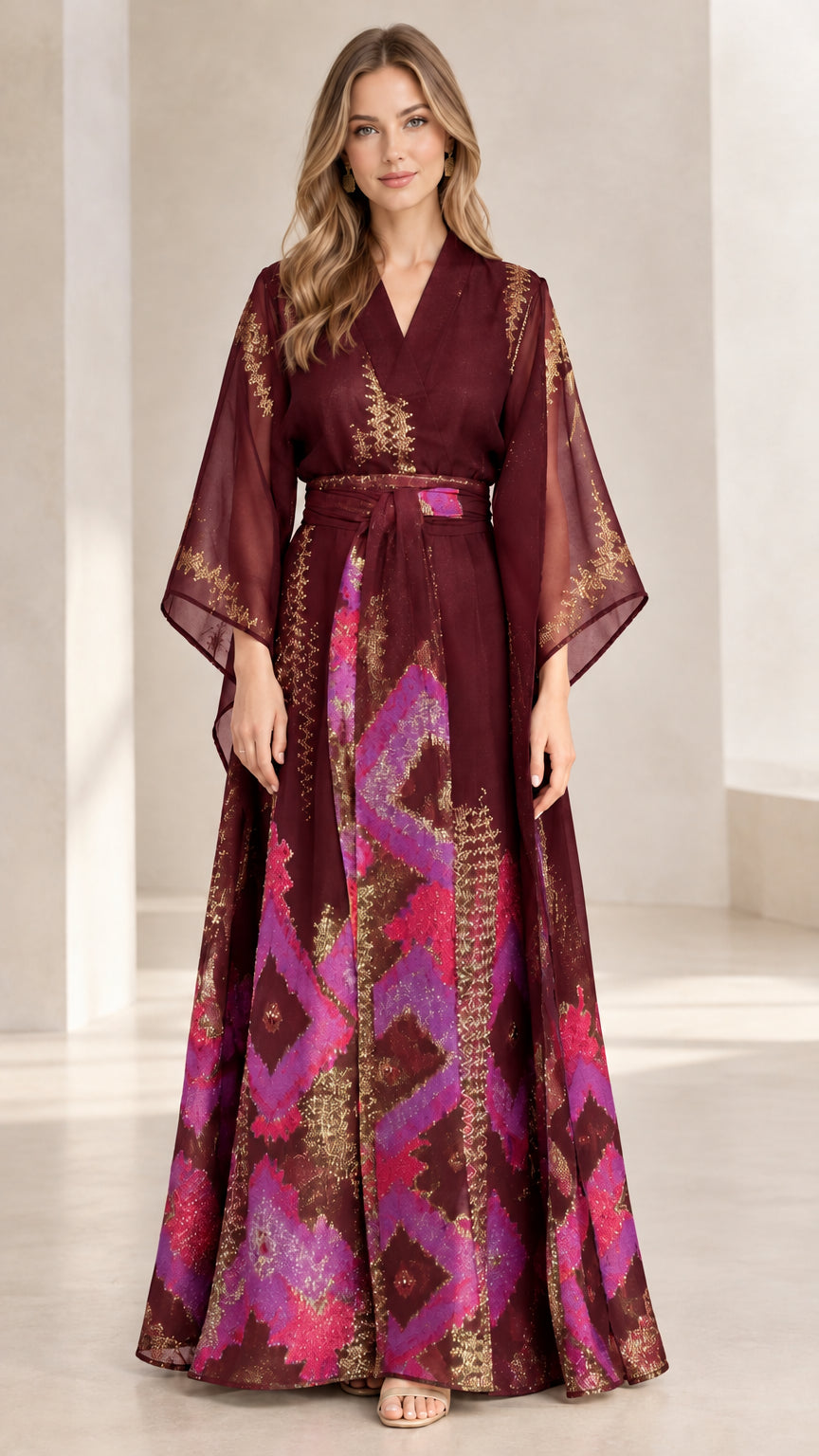 Burgundy red kimono maxi dress with geometric print skirt and flared sleeves