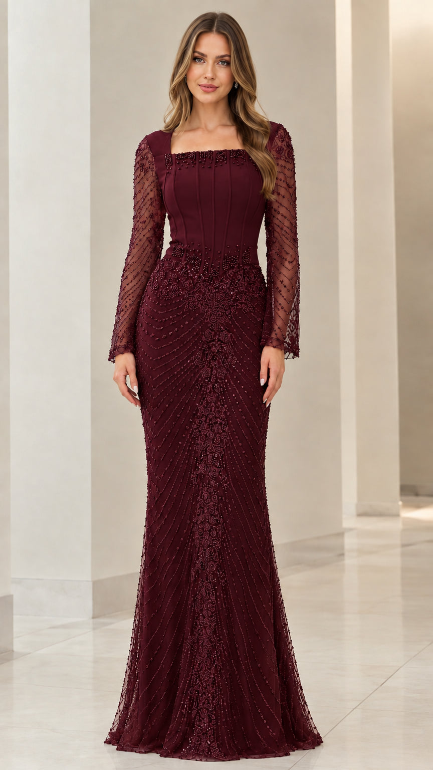 Burgundy wine red beaded square neck formal gown with sleeves