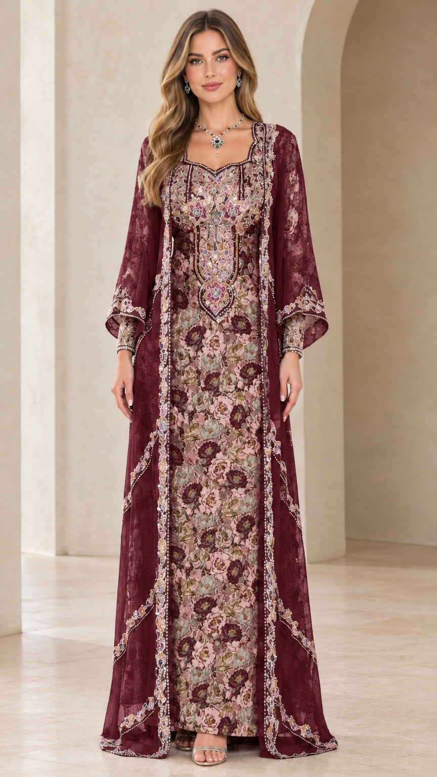 Burgundy floral embroidered layered kaftan maxi dress