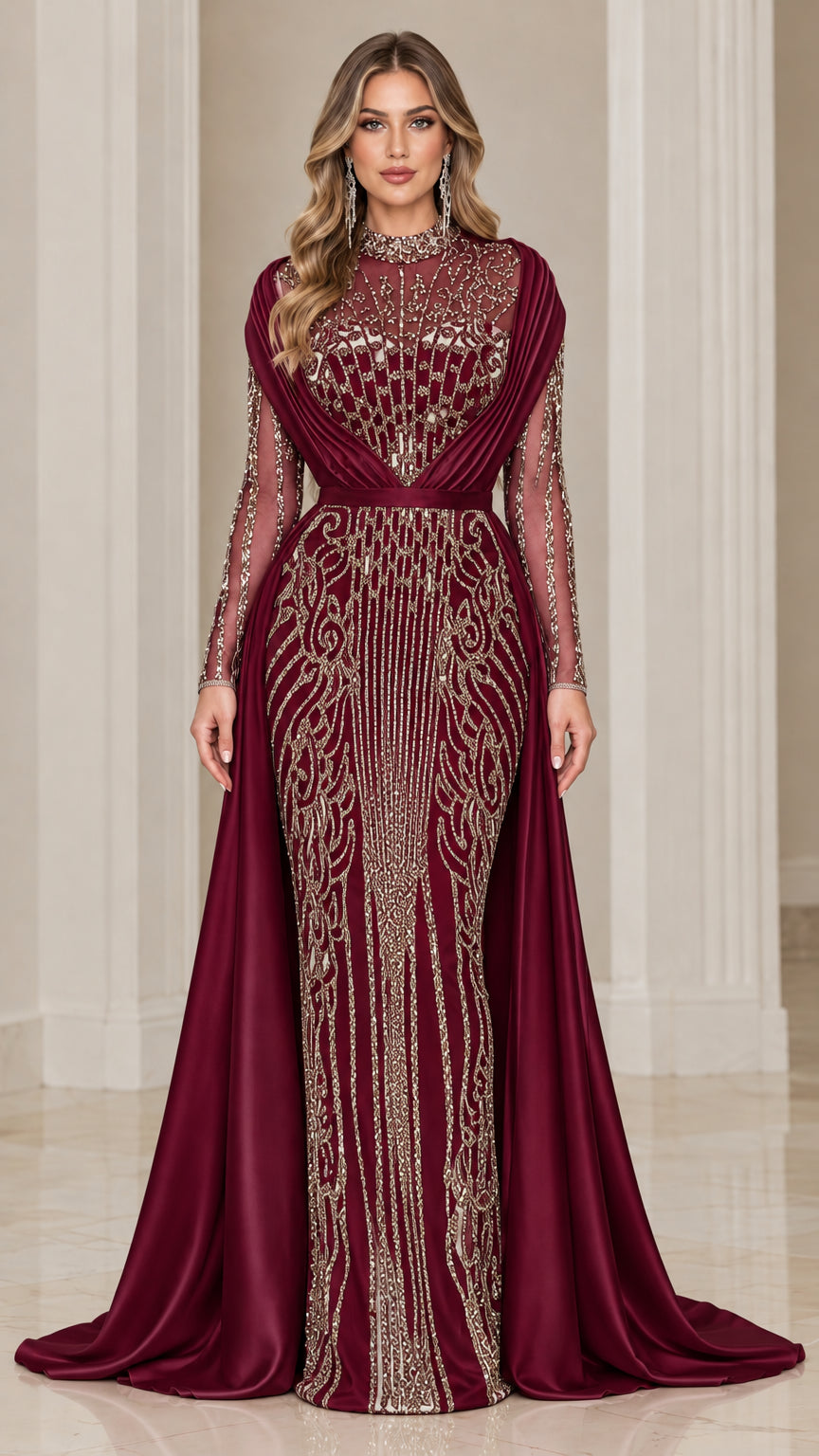 Burgundy wine formal gown with shimmering beadwork and dramatic satin train