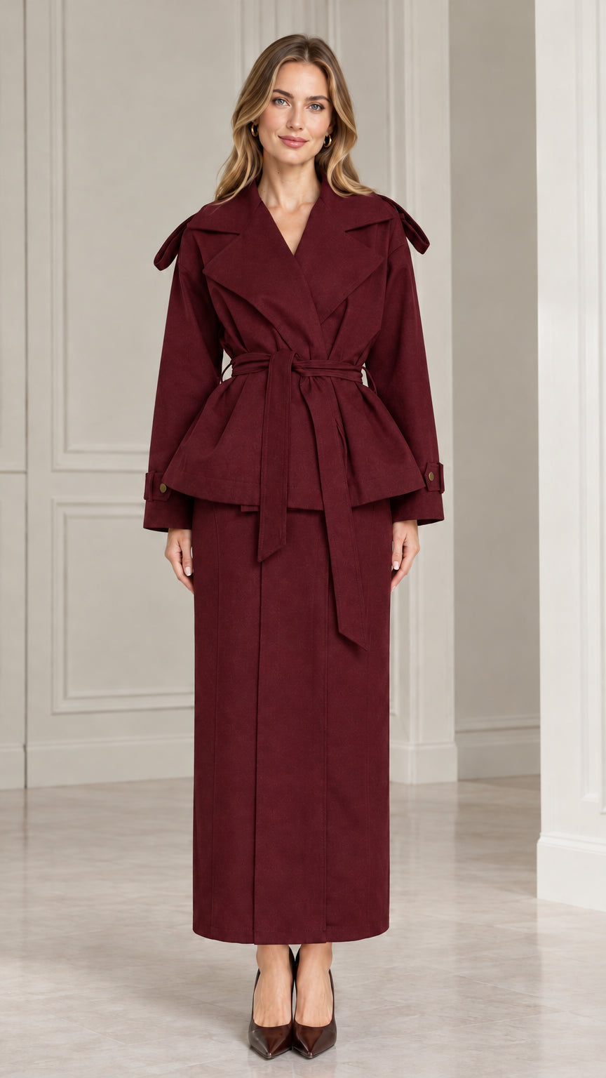 Front view of model wearing burgundy wine belted peplum jacket and maxi skirt set