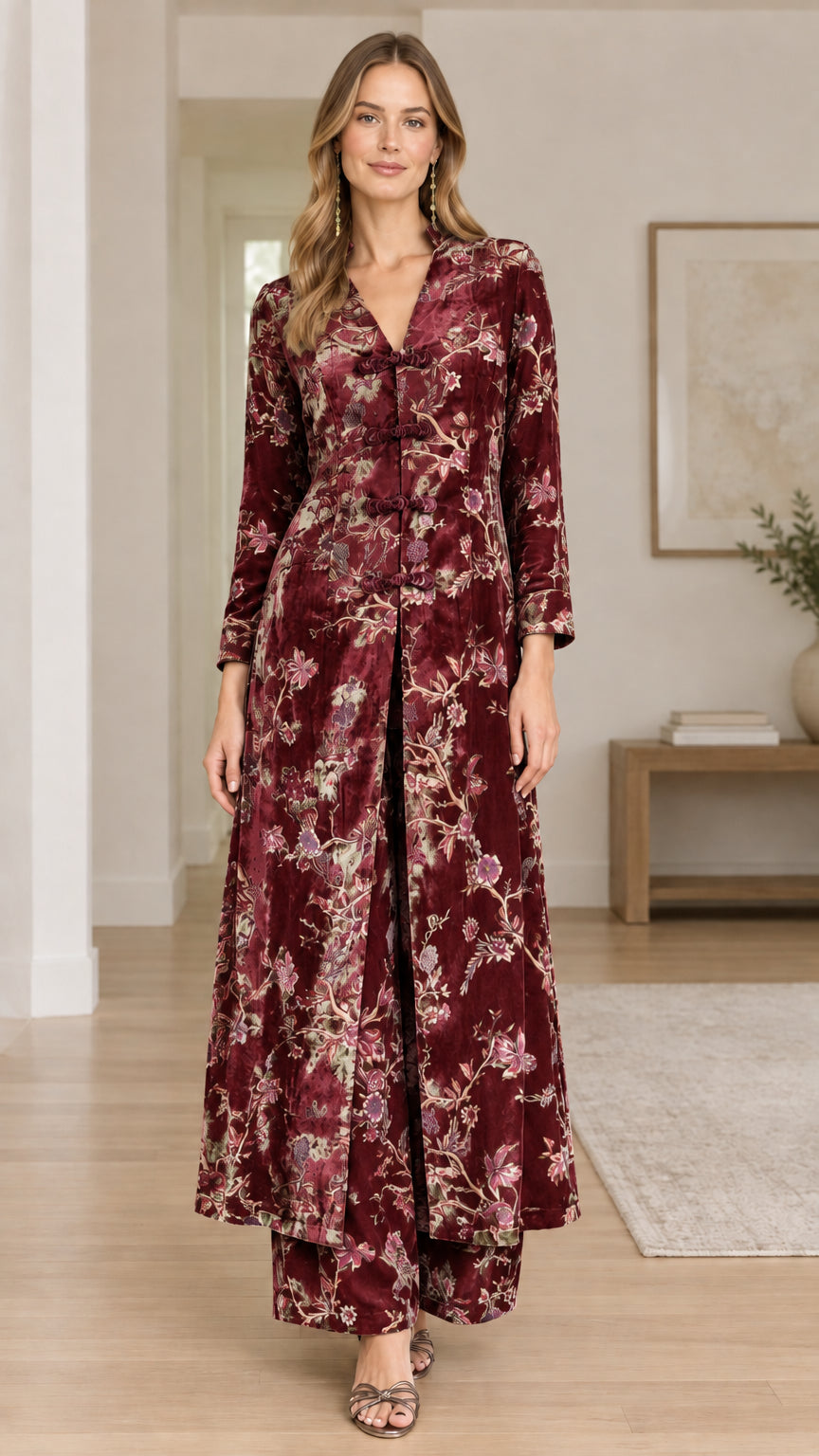 Model wearing Burgundy floral velvet longline tunic and matching trousers