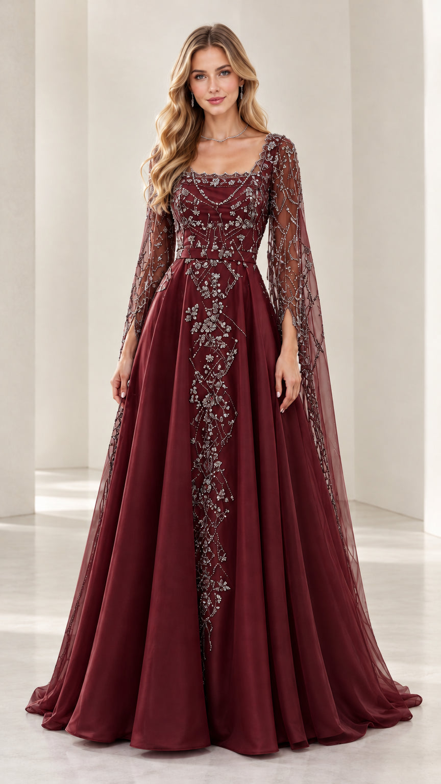 Woman wearing burgundy wine red beaded A-line formal gown with cape sleeves