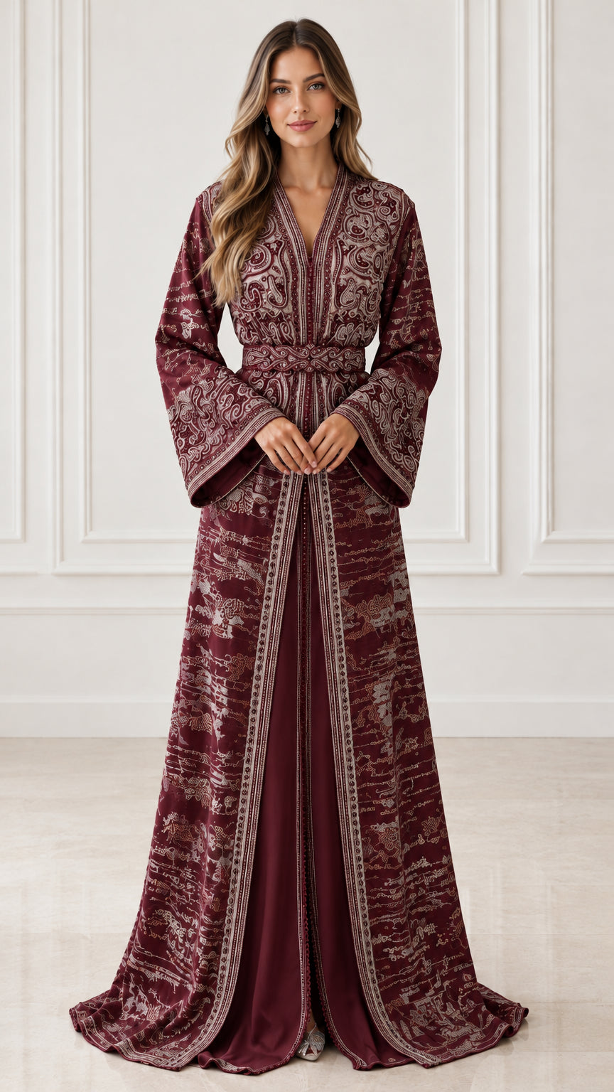 Full front view of model wearing Burgundy wine red embroidered kaftan maxi gown